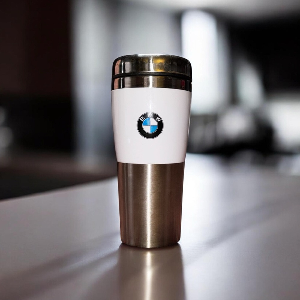 BMW 500ml 17 fl oz. Stainless Steel Travel Mug Savor Insulated Coffee Cup White